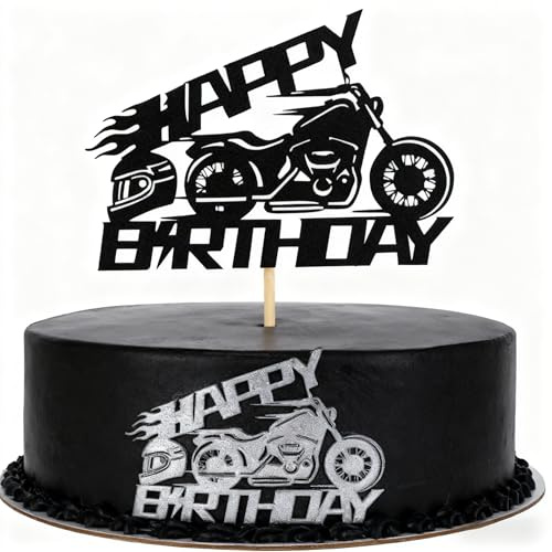 HSC 1Pc Motorbike Happy Birthday Cake Topper, Dirt Bikeswith Cake Topper Glitter Surface, Motorcycle Cake Decorations for Kids Boys Men Women Party