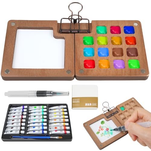 Gloxlite Mini Paint Palette Travel Kit,Mini Travel Watercolor Palette Set,Pocket Artist Acrylic colour Sets with Watercolor Pens,Binder Clips, Include 24 Colors Paint for Beginners Artists Students