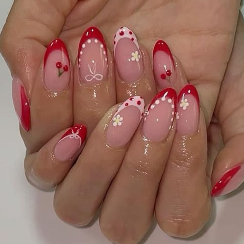 Short Almond Press on Nails, 24pcs 12 Sizes French Tip False Nails Press Ons Glossy Red Fake Nails with Cute Cherry Wave Point Bowknot Flower Design, Reusable False Nails Almond for Home Manicure