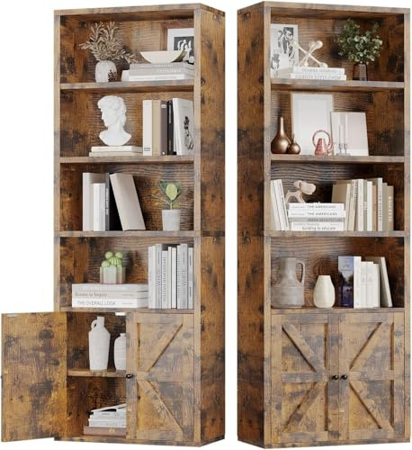 oneinmil Bücherregal, Bücherregal Schwarz mit 2 Türen aus Holz, Bücherschrank Hoch mit 6 Ebenen, Küchenschrank, Standregal, für Wohnzimmer, Schlafzimmer, Büro, Arbeitszimmer, 2 Pack