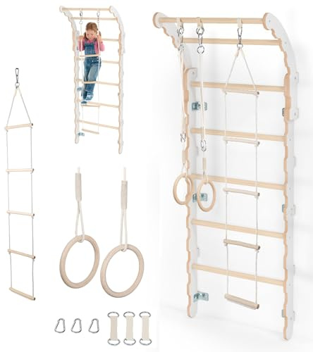 MAMOI® Klettergerüst Indoor fürs Kinderzimmer, Sprossenwand (175 cm), Turnwand + Turnringe + Strickleiter, 100% ECO, Made in EU, Sportgeräte