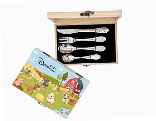 Kinderbesteck Bauernhof Besteckset, dunkle oder helle Gravur | Name, Namensanhänger, z.B. Schulranzen, wählbar, zusätzliche Rückseitengravur, z.B. Geburtsdatum möglich