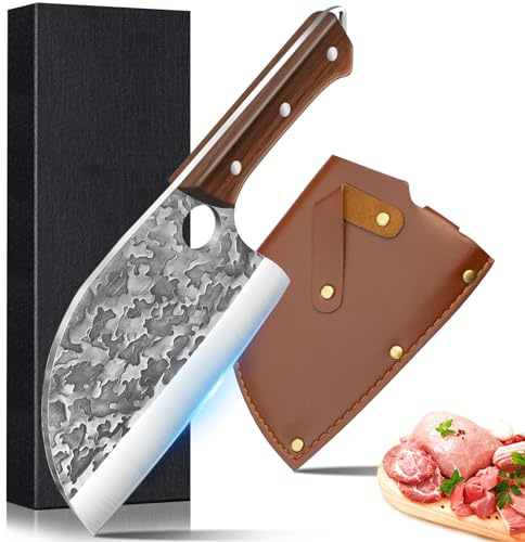 Hackmesser Profi Kochmesser für Küche, Metzgermesser mit Holzgriff, Küchenmesser mit Lederscheide, zum Schneiden von Fleisch, Outdoor für BBQ Camping, Geschenkverpackung.