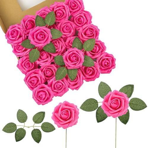 50Pcs Artificial Roses Flowers Fake Roses Head for Wedding Party Home Decor | Hot Pink Fake Roses Real Touch Foam Rose Heads for Wedding Bridal Bouquets Centerpieces Floral Arrangement Party Decoration