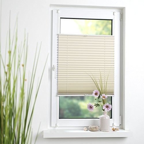 Liedeco® Thermo Plissee verspannt mit Klemmträger / 100 x 130 cm beige (BxH) /verdunkelnd stufenlos verstellbar energiesparend / 123 montiert/Thermo-Plissee/Klemmen-Sonnenschutz Fensterdekoration
