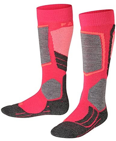 FALKE Unisex Kinder Skisocken SK2 Intermediate K Kh Wolle Funktionsmaterial warm dick 1 Paar, Rot Rose 8564, 23-26