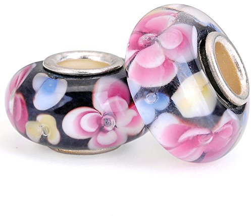 RUBYCA Cuentas de cristal de Murano, diseño floral, color plateado, compatible con pulseras europeas, 6 unidades