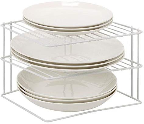 Taylor & Brown 3 Tier Corner Kitchen Plate Bowl Rack Stand Holder Tidy Cupboard Shelf Insert Storage Organiser, Space Saving, H19 x W25 x D25cm, White