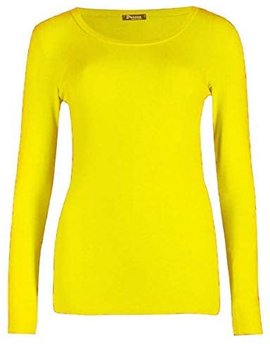 Womens Long Sleeve Stretch Plain Round Scoop Neck T Shirt Top Ladies Fitted Tee (Yellow, 12-14)
