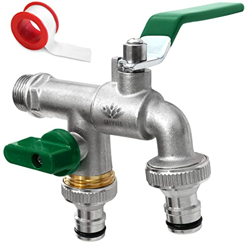 SHYNE 3/4'' Pouce Robinet d'eau en Laiton Double de Qualité Supérieure, Résistant à la Rouille et au Gel + 2X Raccords de Tuyau Gratuits + Ebook | Pour Jardin, Machine à Laver, Baril de Pluie (2 Pcs)