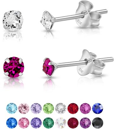 DTP Silver 2 Pares de Semental Pendientes/Aretes de Plata de Ley 925 con Cristales Swarovski® Elements Minúsculos Redondos - Diámetro: 3 mm - Color: Cristal Claro + Fucsia