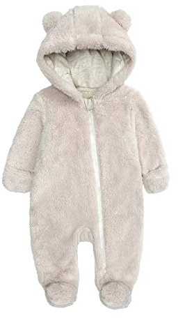 Baby Boys Girls One Piece Romper Cute Cartoon Bear Pattern Snowsuit Warm Winter Fleece Hooded Jumpsuit for 0-3 Month Baby Beige