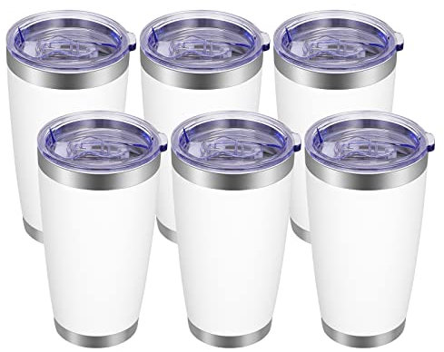 VEGOND 20oz Tumbler with Lid and Straw Stainless Steel Tumbler Cup Bulk Vacuum Insulated Double Wall Travel Coffee Mug Powder Coated Coffee Cup(White 6 Pack