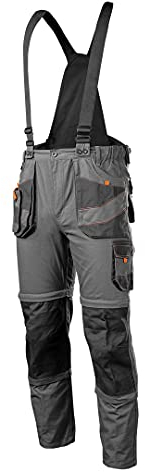 NEO TOOLS Herren Arbeitshose 6-in-1 – kurze Hose, Herrenhose, Latzhose, 100% Baumwolle 260 g/m², abknöpfbarer Hosenträger, Multifunktionstaschen, elastischer Gummibund, Größe:M, grau