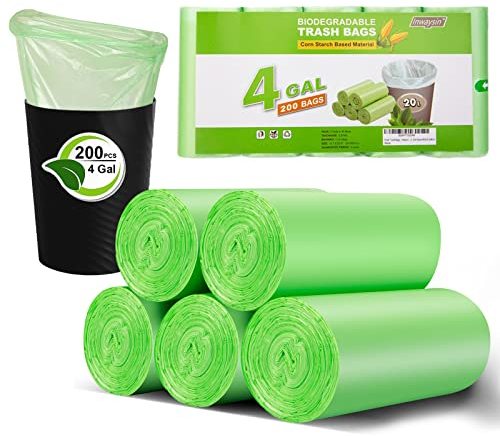 Inwaysin Kleine Müllbeutel, 200 Stück, biologisch abbaubar, 12 l, extra stark, klein, geruchlos, Größe erweitert, grün, für Badezimmer, Schlafzimmer, Büro, Küche, Mülleimer