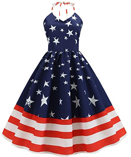 Ni_ka Robe Femme Chic Et Glamour Robes Taille sans Manches à Col V Impression De Drapeau Jour De L'IndéPendance Women Dress Sexy Noir Rouge Taille S à 2XL