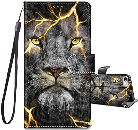 JRIANY Wallet Flip Case for iPhone 6/6s with Card Holder, Lion | PU Leather Phone Case with Card Slots, Cute Pattern Animal Design, Shockproof Protective Cover, Wrist Strap, Magnetic Closure