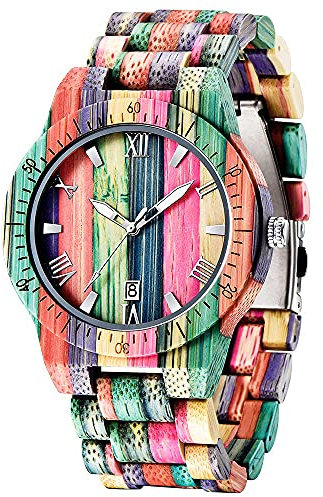 Tiong Holzuhren für Damen Herren Inverted Geometrische Zebra Holz Uhr Einzigartige Elegante Quarz Holz Armbanduhr Handgefertigt mit Bambus Armband Unisex, Wooden-1, Armband