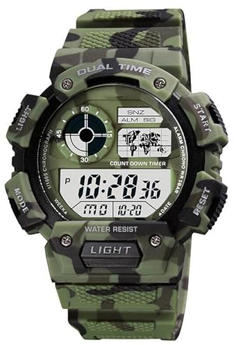 ROSEBEAR Montre numérique à Quartz pour Homme,50 m étanche Montre de Sport électronique,Double Temps Montre Numérique pour l'extérieur, Bracelet en PU,Camouflage Vert Militaire