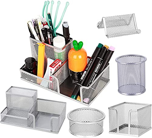 Moulaelos Schreibtisch Organizer Set 5-teilig, Mesh Metall Büro-Organizer mit Stiftehalter, Zettelbox, Büroklammerspender und Visitenkartenhalter, Silber