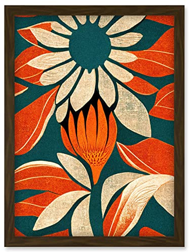 Doppelganger33 LTD Flower Design Teal Orange Abstract Linocut Artwork Framed Wall Art Print A4