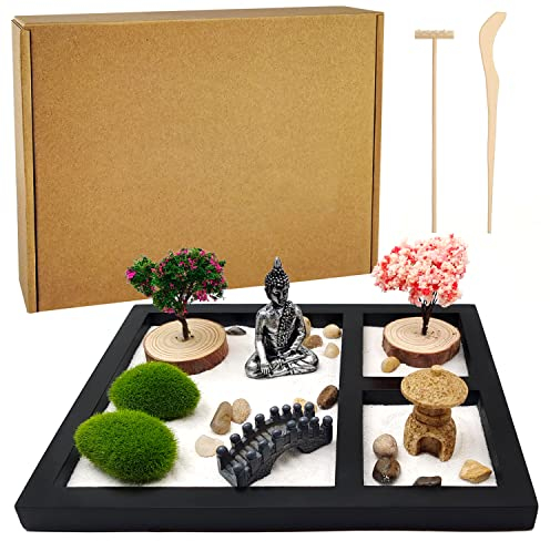 LuXianYS Zen Garten Set, Japense Sand Meditations-Ornamente, Zubehör, Mini Meditation Rock Garden Holzsockel, Weißer Sand, Zen-Ornament für zu Hause, Büro