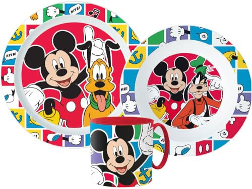 Microwave Safe 3pcs Cartoon Character Dinner Tableware Set Plate, Bowl & Mug, BPA Free re-usable Plastic (Mickey)