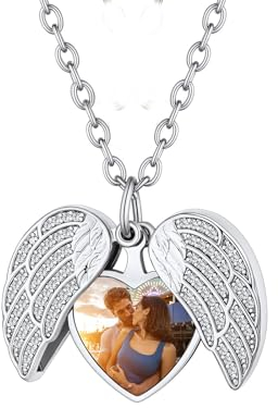 Custom4U Personalisierte Damen Herz Medaillon zum Öffnen für Bilder mit Textgravur Memorial Zirkonia Flügel Medaillon Silber Halskette Foto Engelsflügel Amulett Kette für Weihnachten Geburtstag