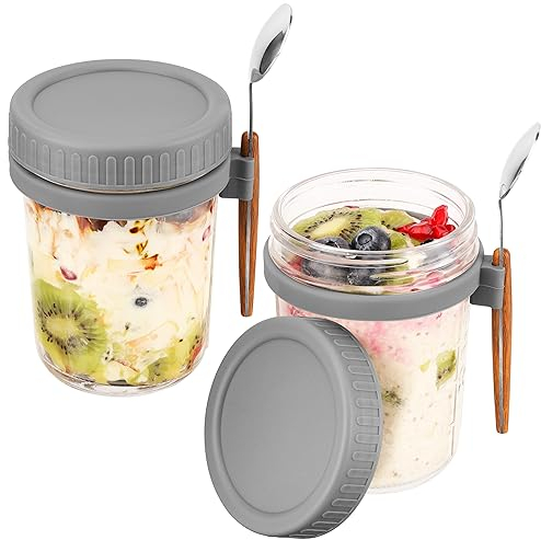 BELLE VOUS Lot de 2 Bocaux Mason en Verre avec Couvercles & Cuillères - Pots de Conservation Alimentaires Hermétique 350 ml - Bocaux de Voyage pour Muesli, Avoine, Céréales, Yaourt, Fruits & Lait