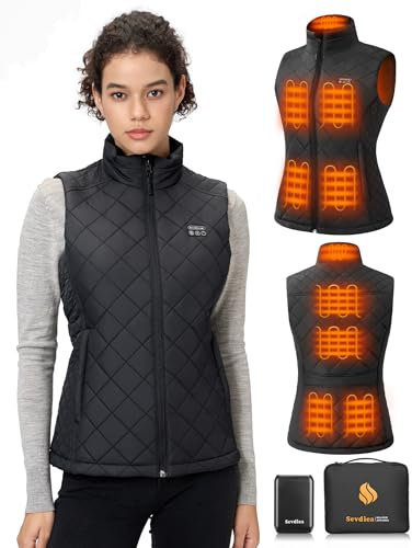 Sevdiea Heizweste Damen mit Powerbank 16000mah 7.4v, Leichte Gesteppte Beheizte Weste Damen, Elektrisch Wärmeweste, Für Skifahren,Motorradfahren,Outdoor-Aktivitäten-XXL