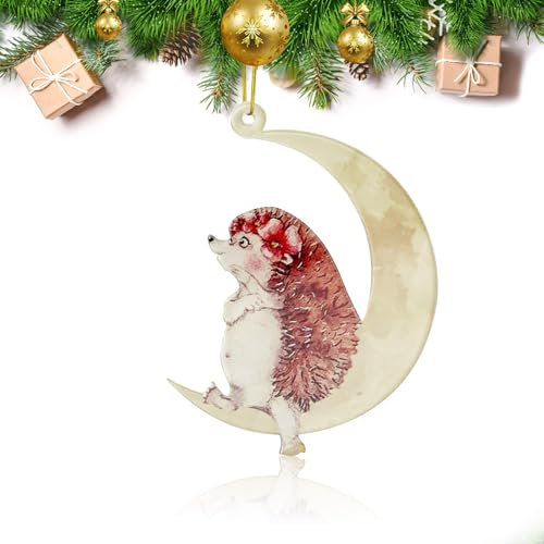 Animals Sitting On The Moon Ornaments for Christmas Tree, Double-Printed Acrylic Hanging Woodland Pendant for Xmas Tree Decorations, Window Wall Hanging Ornament Home Party Decor(Cute Hedgehog)
