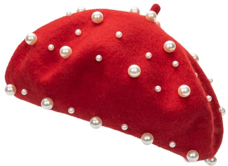Französische Baskenmütze mit Perlen und Strasssteinen, Winterwolle, für Damen, Rot/Ausflug, einfarbig (Getaway Solids), Medium