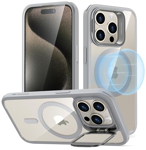 ESR für iPhone 15 Pro Hülle, Kompatibel mit MagSafe, Militärnorm Schutzhülle, integrierter Versteck Ständer Handy Case, Kratzfeste Rückseite, Classic Serie, Klares Grau