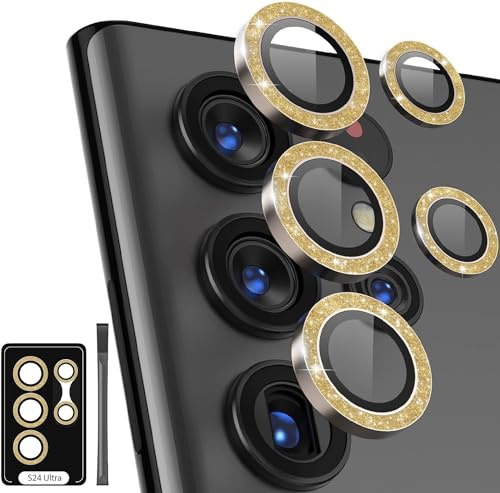 POROLIR Protection d'objectif d'appareil photo à paillettes pour Samsung Galaxy S24 Ultra - Verre trempé 9H - Anneau en métal - Protection d'écran - Accessoires de décoration - S24 Ultra - Paillettes