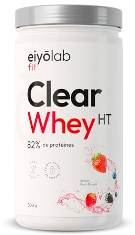 CLEAR WHEY HT | Whey Isolate Rafraîchissante | 85% de Protéines | Riche en BCAA et Glutamine | Protéines Musculation | Pauvre en Lactose | Texture Légère et Fruitée Goût Fruits Rouges | 500g | Eiyolab