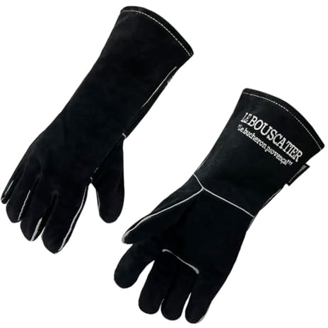 Par de guantes de seguridad anticalor de cuero con forro interior para estufa de leña, chimenea, barbacoa, brasero y soldadura. Resistente y resistente para fuego, soldadura, horno, cocina