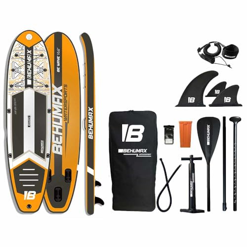 BEHUMAX, Tabla de Paddle Surf Be Wave Caribbean 10.6, hasta 160kg, 320x81x15cm, Remo, hinchador, Mochila Impermeable, 3 Aletas, Kit de reparación