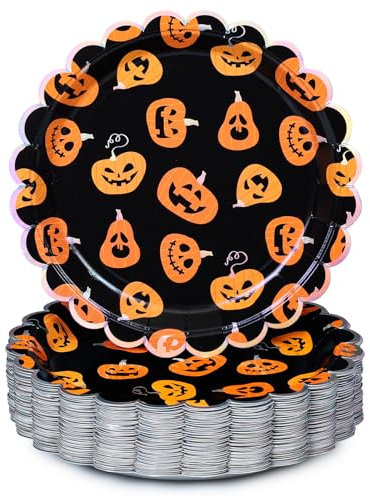 Halloween Paper Plates, 50-Count Disposable Halloween Dinner Plates, Scalloped, Party Supplies, Jack O' Lantern, Iridescent Silver Foil
