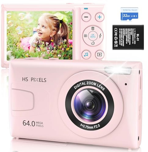 4K UHD Digital Camera for Kids: Point and Shoot Video Cameras for Photography 64MP 18X Digital Zoom Compact Portable Vlogging Camera with 32gb TF Card for Kids Teen Students Beginner Pink