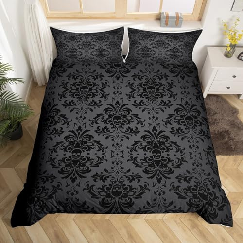 Homemissing Schwarz Damask Bettwäsche Set 135x200cm Kinder Vintage Floral Bettbezug Set für Jungen Mädchen Antique Viktorianisch Barock Betten Set Gotik Bone Skeleton Bettdeckenbezug