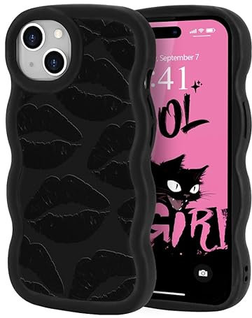 ROSEHUI Hülle für iPhone 15 Niedliche lockige Wellen Rahmenform Handyhülle für Mädchen mit Sexy Lip Print Design Cooles Schwarz Flüssig Weich Silikon TPU Case Flexible Stoßfeste Schutzhülle,Lippen