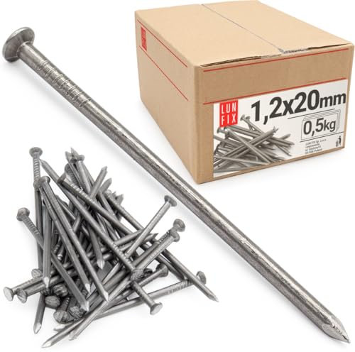 Lun Fix Perni metallici 1,2 x 20 mm – 0,5 kg (circa 2730 pezzi) chiodi in legno per lavori di costruzione, chiodi in acciaio non zincati, lunghezza 20 mm, testa svasata