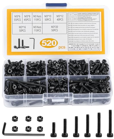 Set di viti M3 con dadi, 520 pezzi, nero, set di viti a testa esagonale metrica, viti a testa esagonale, viti per macchina per bicicletta con assortimento di dadi, set di viti filettate