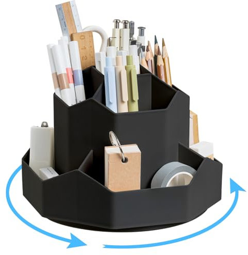 Ceysin Desk Organiser, 360 Degree Rotating Pen Pencil Holder with 9 Compartments, Multifunctional Pen Pots Makeup Brushes Holder Desktop Stationary Storage for Home Office Supplies Desk Tidy (Black)