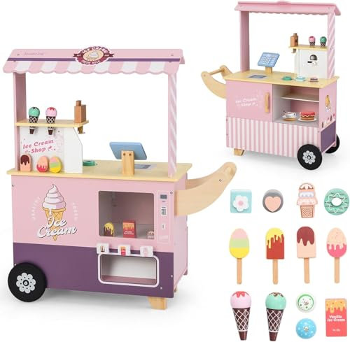 FANTASK Eiswagen Kinder Rosa mit 15 Zubehör, Kaufladen Holz mit Eismaschine & Kasse & Scanner & Verkaufsautomat, Kaufmannsladen & Eiscreme Spielzeug für Kinder ab 3 Jahren