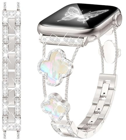 fitonyo Bracelet trèfle diamant compatible avec Apple Watch Series 10/9/8/7/6/5/4/3/2/1/SE,Bracelet métal habillé étincelant à diamant réglable pour iWatch 38/40/41/42mm Argent Starlight