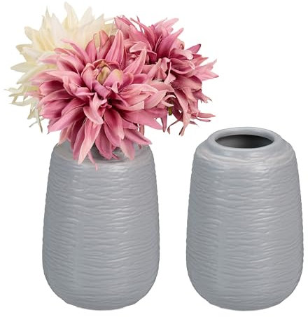 Relaxdays Vasen Set, 2 Blumenvasen, HxD: 15 x 10 cm, Frisch- & Trockenblumen, Dekovase aus Keramik, Tischdeko, grau
