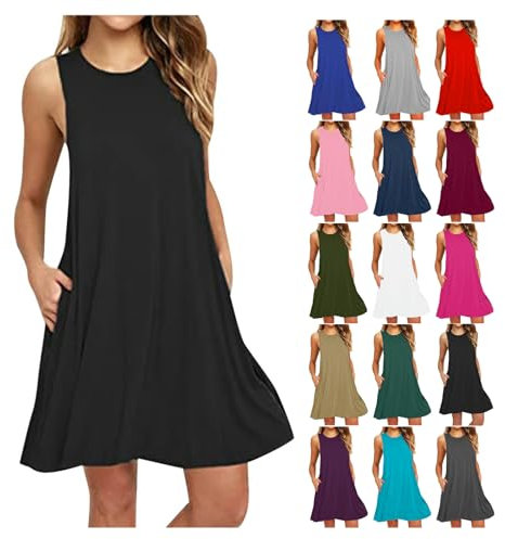 Damen Kleider Elegant Kurzer Shirtkleid Ärmellos Lässiges Sommerkleid Knielang Minikleid Baumwolle Einfarbig Strandkleid Bequem Leicht Freizeitkleid mit Taschen T-Shirt A Linie Kleid