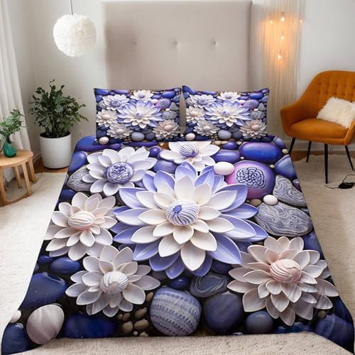 Blaue Und Weiße Blumen Bettwäsche 135X200 Bettbezug Junge Mädchen 3D Effekt Teenager Bettwäsche-Set Mikrofaser Bettbezug Mit Reißverschluss Und 2 Kissenbezug 80X80Cm