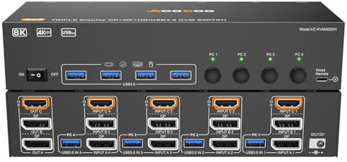 HDMI Displayport KVM Switch 4 PC 3 Monitore 8K@60Hz/4K@144Hz KVM Switches kabelgebundener Fernbedienung, Netzteil und USB3.0 Kabel im Lieferumfang enthalte